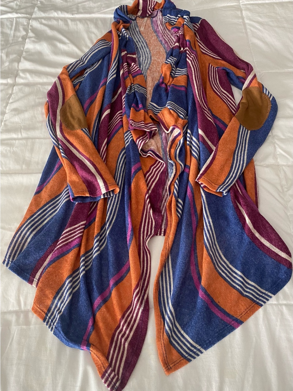 My Story Striped Draped Open-Front Cardigan in Blue, Orange & Purple
